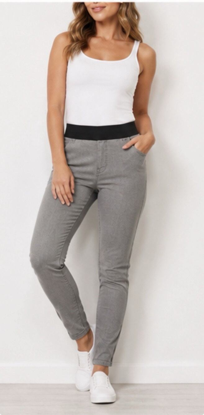 F&F Womens Gray Pull On Pants Black Elastic Waist Stretch Casual Skinny Pants 18